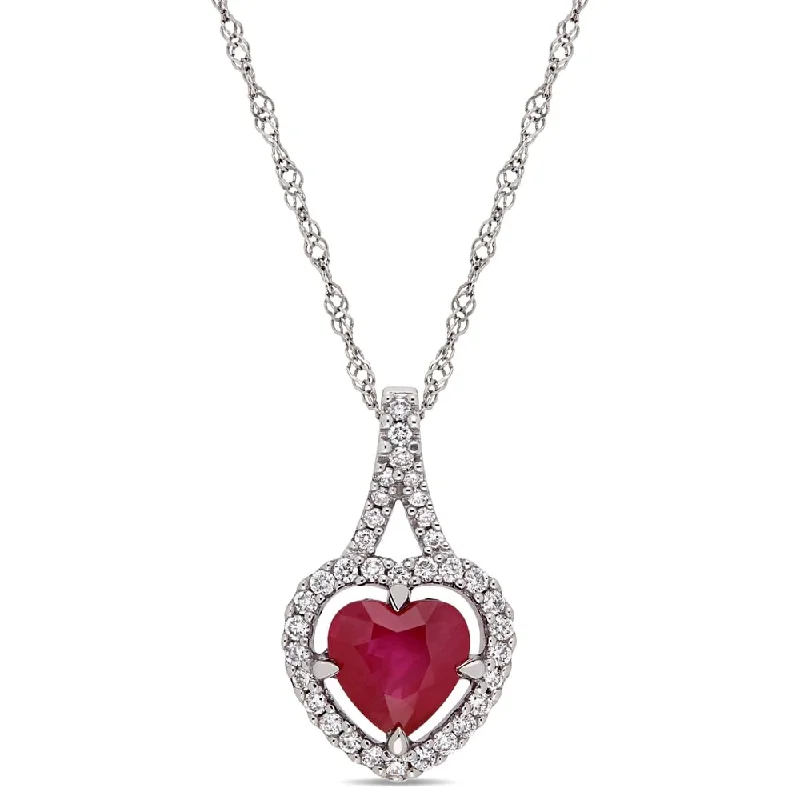 Leaf design necklaces-Miadora 14k White Gold Ruby and 1/6ct TDW Diamond Heart Halo Necklace