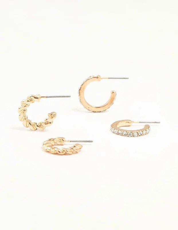 Shiny gold earrings-Gold Twisted & Diamante Hoop Earrings 2-Pack