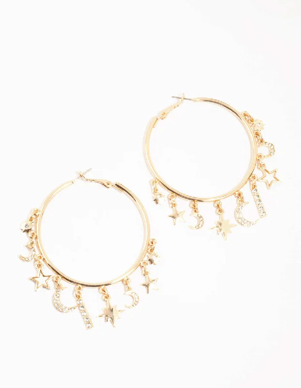 Tiny heart earrings-Gold Celestial Diamante Large Charm Hoop Earrings