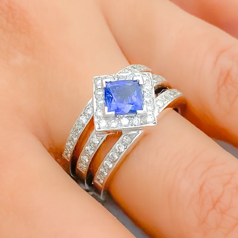 Java tile engagement rings-Iconic Striped Sapphire + Diamond + 18k Gold Ring