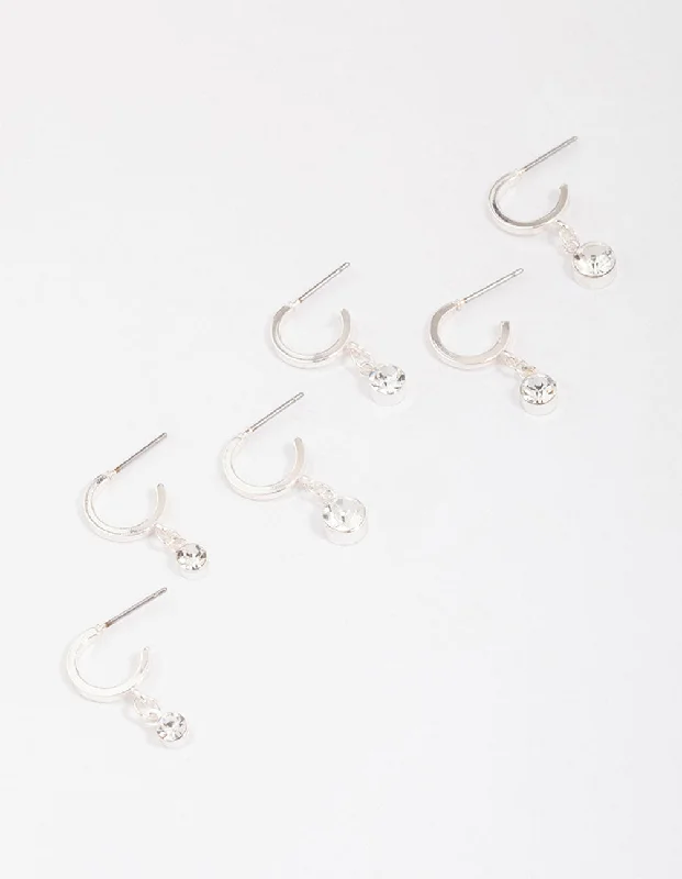 Silk fringe earrings-Silver Graduating Diamante Drop Huggie Earring 3-Pack