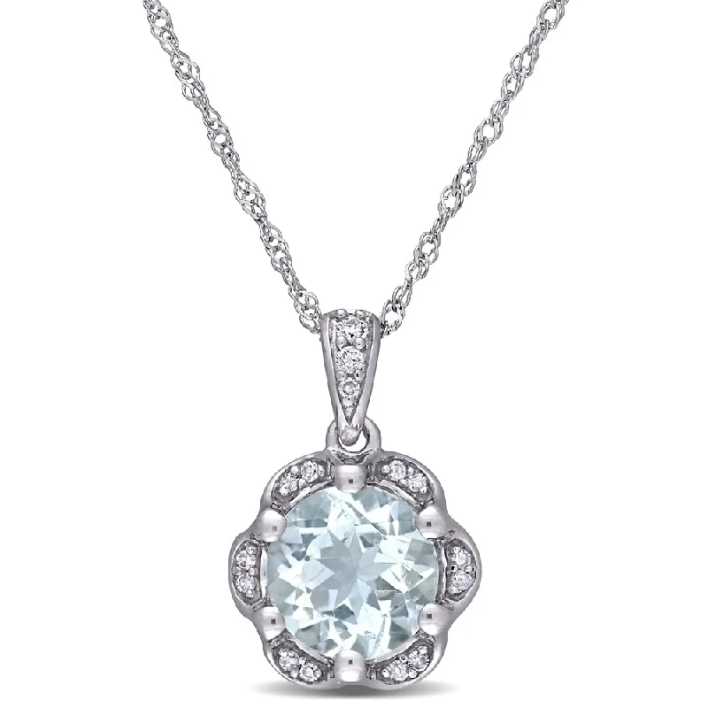 Vivid stone necklaces-Miadora 14k White Gold Aquamarine and Diamond Accent Flower Halo Drop Necklace