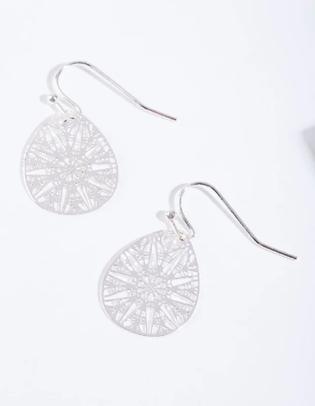 Two-tone earrings-Silver Filigree Cut Out Drop Earrings