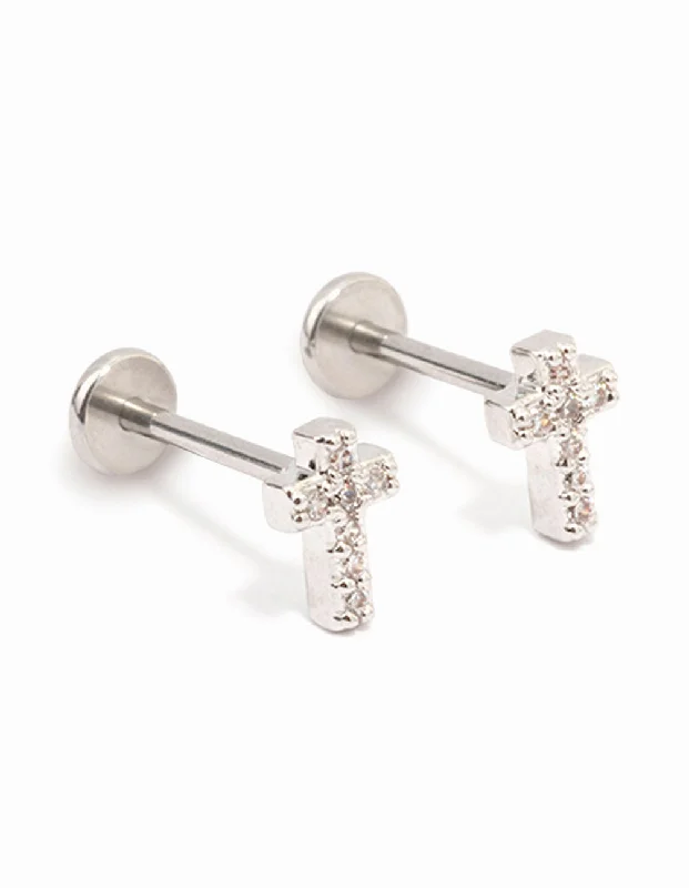 Surf theme earrings-Surgical Steel Cubic Zirconia Cross Flat Back 2-Pack