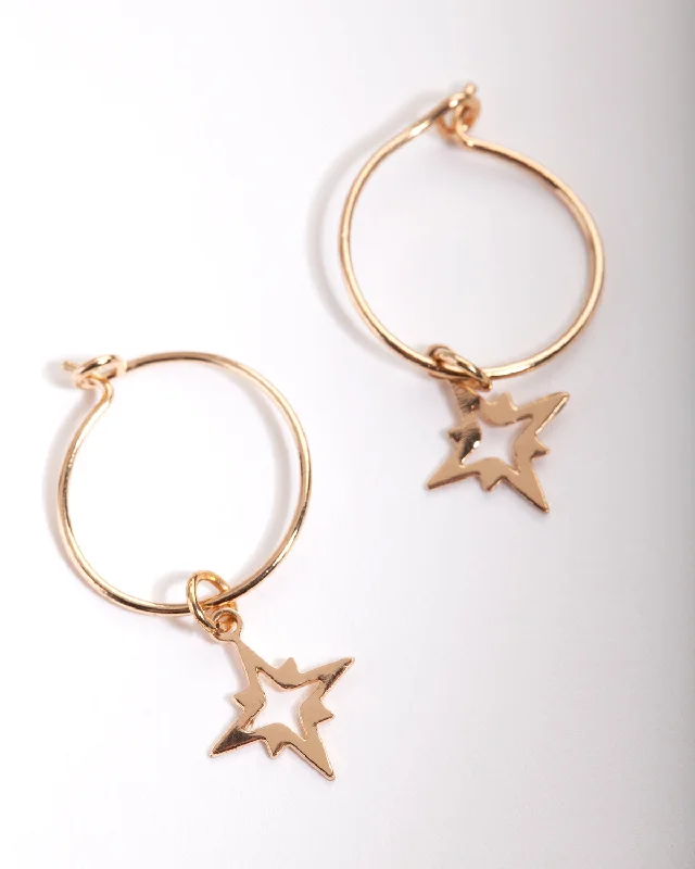 Cedar wood earrings-Gold 13mm Star Hoop Earrings