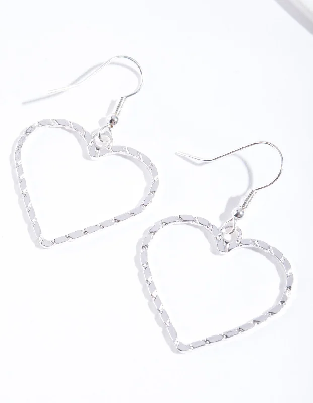 Tiny dot earrings-Silver Textured Heart Cut Out Drop Earring