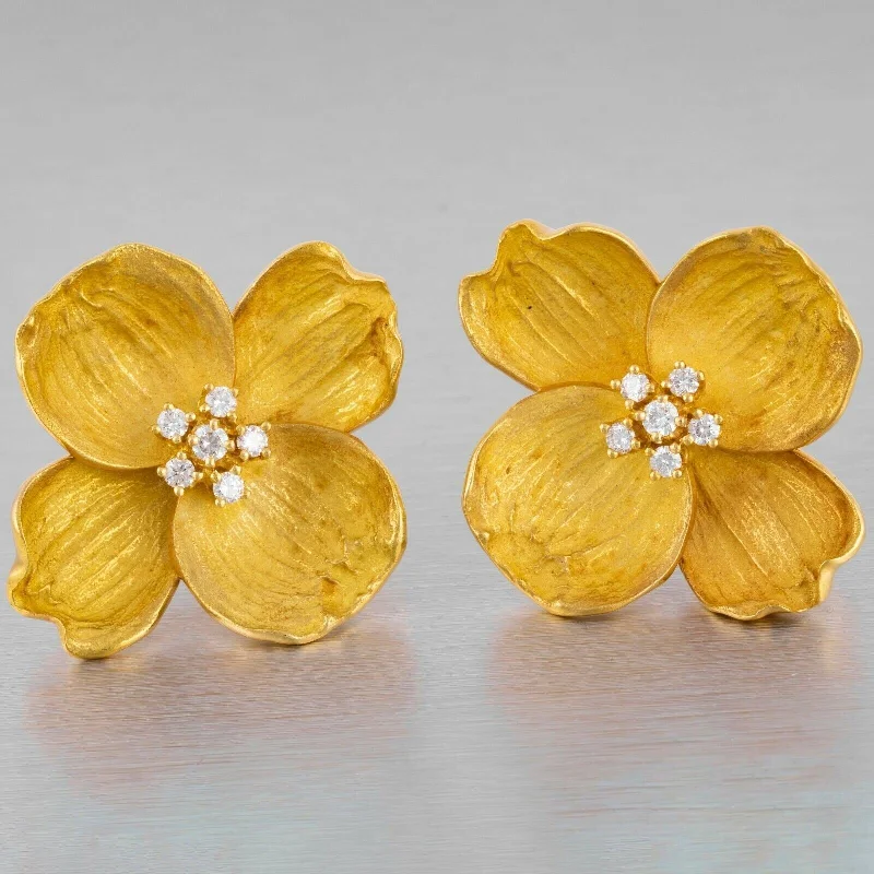 Leaf motif earrings-Tiffany & Co. 18k Yellow Gold Diamond Dogwood Flower Earrings 0.70ctw JUMBO