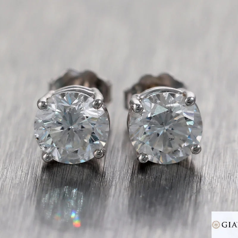 Two-tone earrings-GIA 2.95ct Round Brilliant E I1 Diamond 14k White Gold Stud Earrings