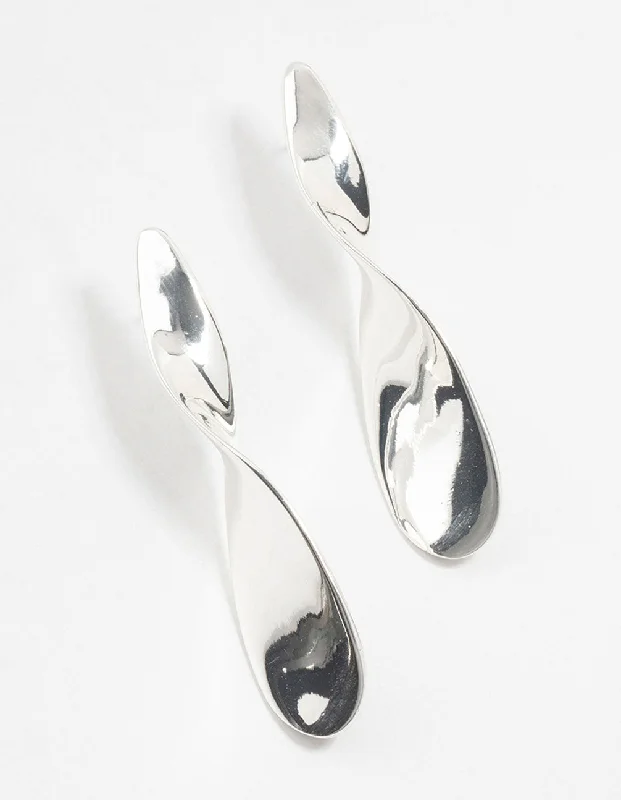 Full moon earrings-Silver Smooth Twisted Drop Earrings