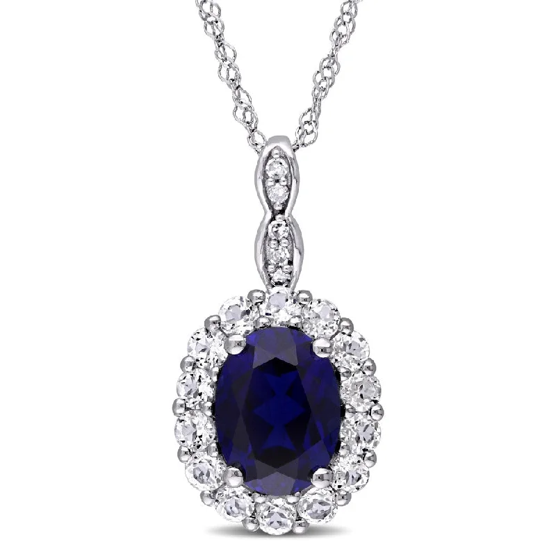 Sleek drop necklaces-Miadora 14k White Gold Oval-cut Created Blue Sapphire White Topaz and Diamond Accent Halo Necklace