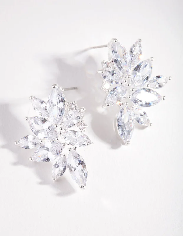 Astro charm earrings-Silver Cubic Zirconia Navette Stud Earrings