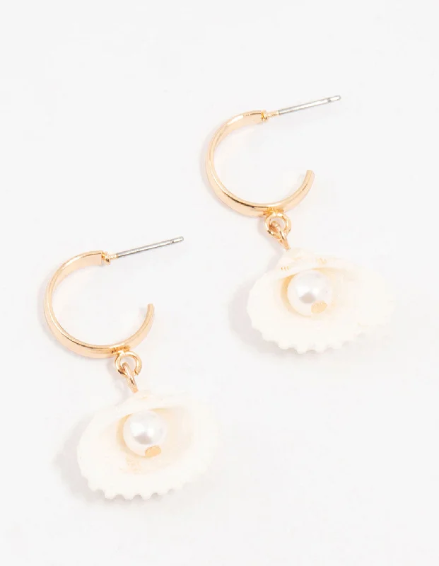 Bead weave earrings-Gold Pearl Clam Hoop Earrings