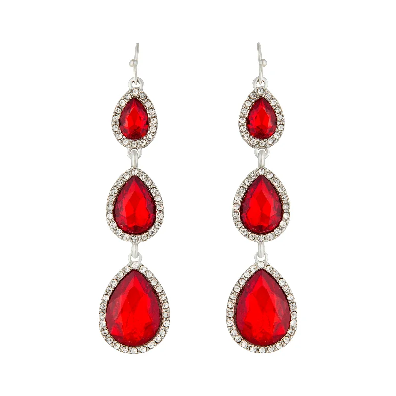 Bamboo style earrings-Red Teardrop Diamante Drop Earring