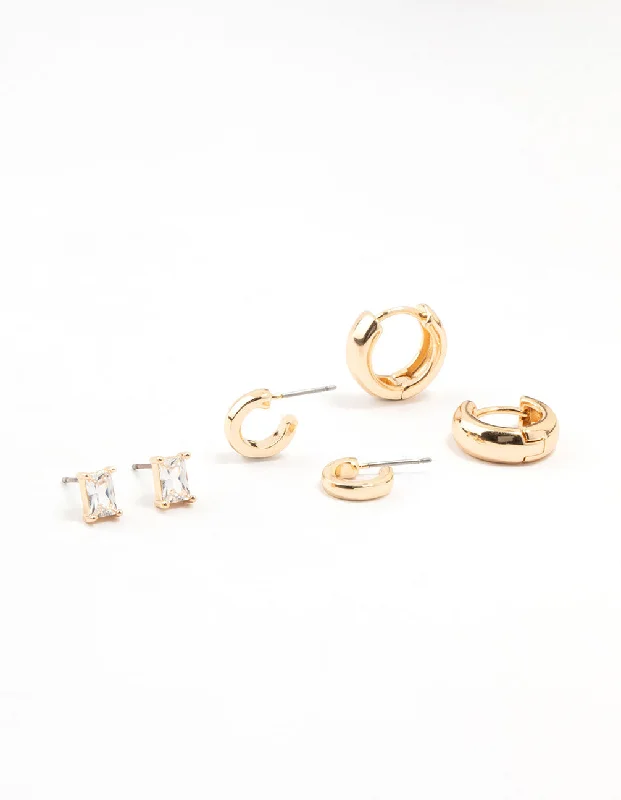 Thick bar earrings-Gold Classic Cubic Zirconia Stud & Hoop Earrings 3-Pack