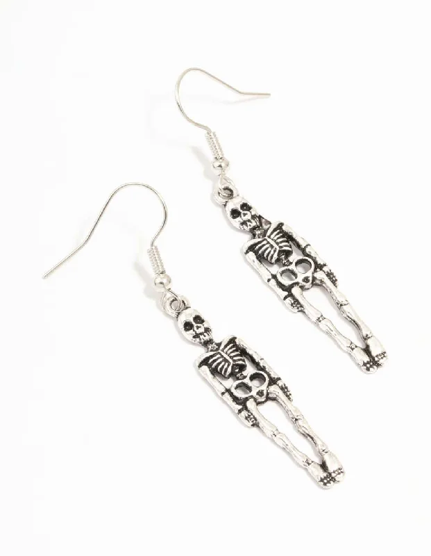 Smooth drop earrings-Antique Silver Skeleton Drop Earrings