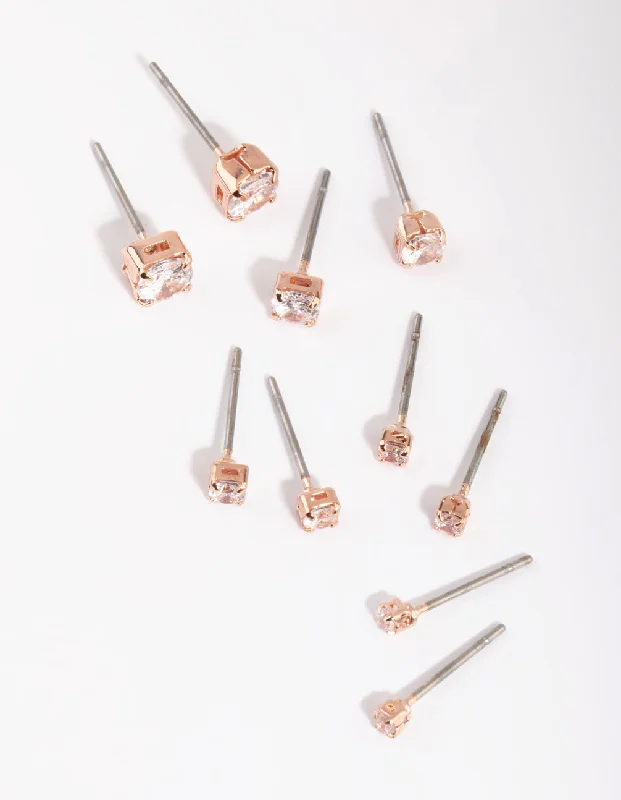 Thick bar earrings-Rose Gold Diamante Stud Earring Pack