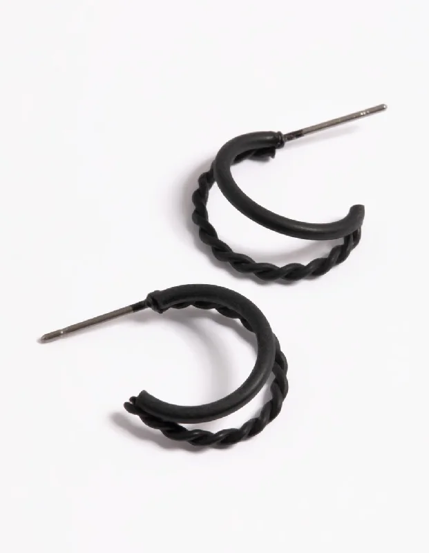 Light clay earrings-Black Coated Plain & Twist Double Huggie Earrings