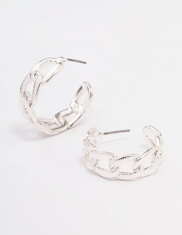 Tiny dot earrings-Silver Textured Link Hoop Earrings