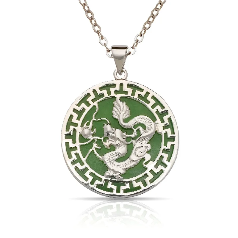 Loop knot necklaces-Curata 925 Sterling Silver 18" Jade Large Dragon Circle Pendant Necklace - 25x32mm