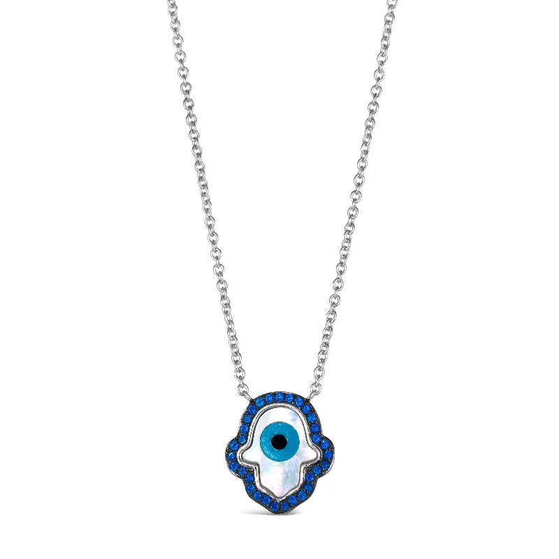 Flat knot necklaces-Blue Sapphire Hamsa Necklace