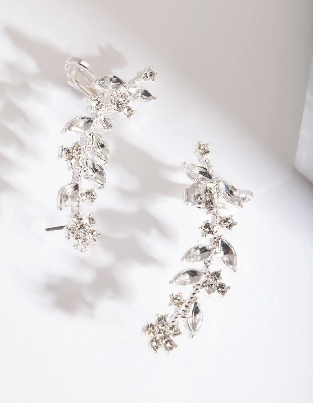 Wide hoop earrings-Silver Diamante Leaf Ear Cuff