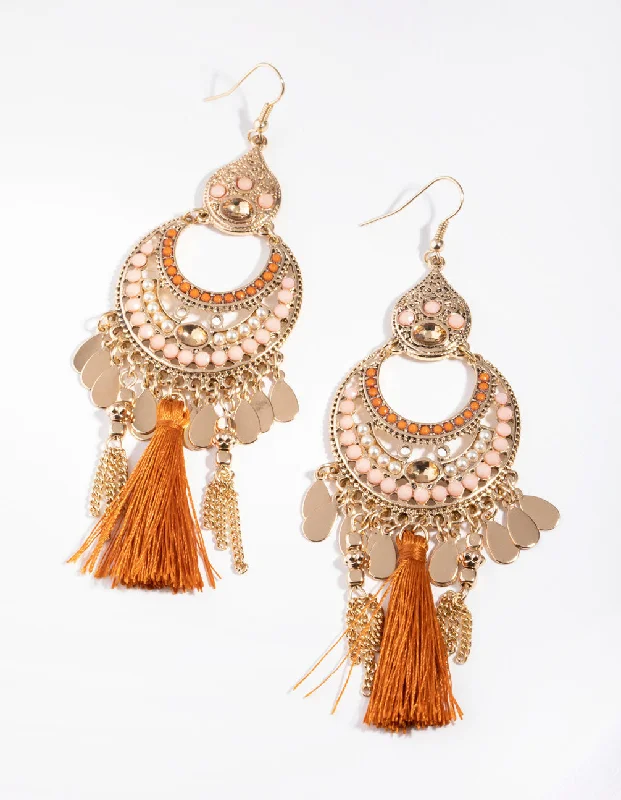 Silk cord earrings-Gold Beaded Orange Tassel Chandbali Drop Earrings