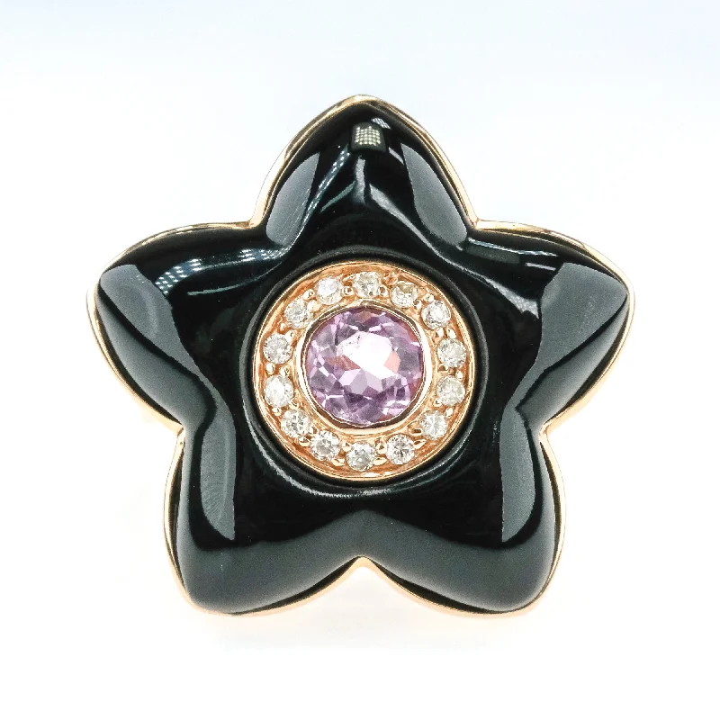 Textured gold engagement rings-0.40ct Amethyst w/ Diamond Halo Accents Flower Shaped Onyx Ring in 14K Rose Gold