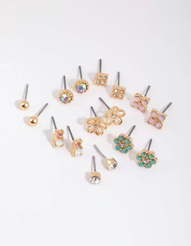 Textured disc earrings-Gold Flower & Diamante Stud Earring Pack