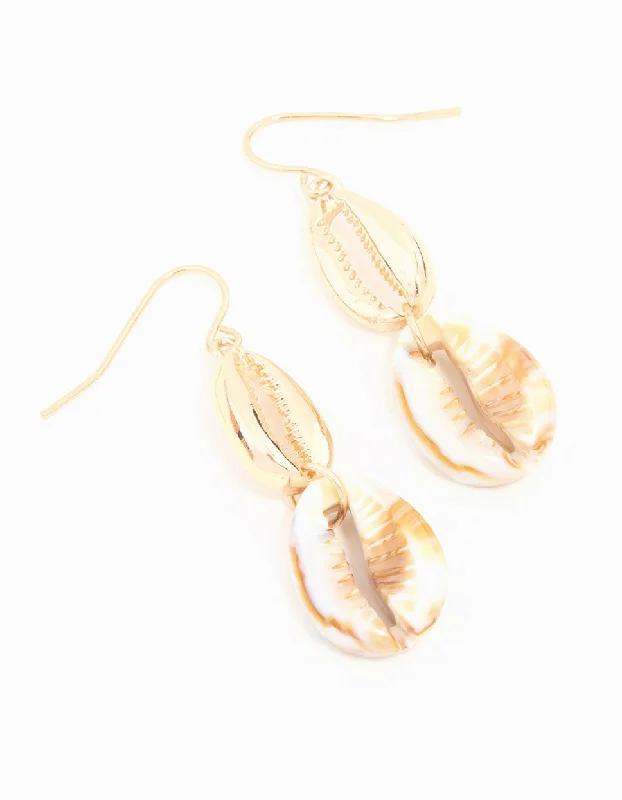 Spinel earrings-Gold Double Shell Drop Earrings