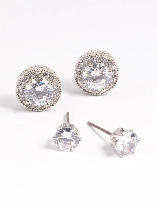 Cotton cord earrings-Silver Diamond Simulant Stud Earring Set