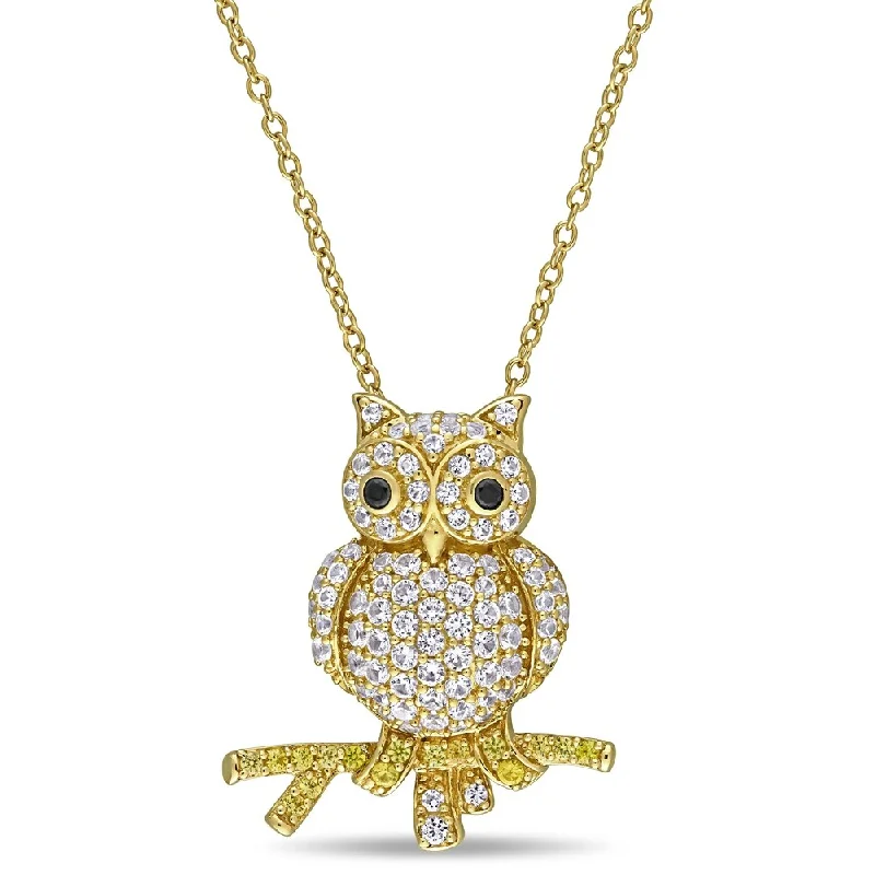 Loop knot necklaces-Miadora Yellow Plated Sterling Silver Created White and Yellow Sapphire Black Spinel Owl Necklace