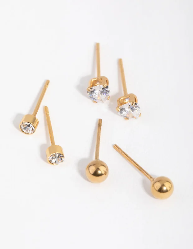 Topaz stud earrings-24 Carat Gold Plated Surgical Steel Love Stud Earrings 3-Pack