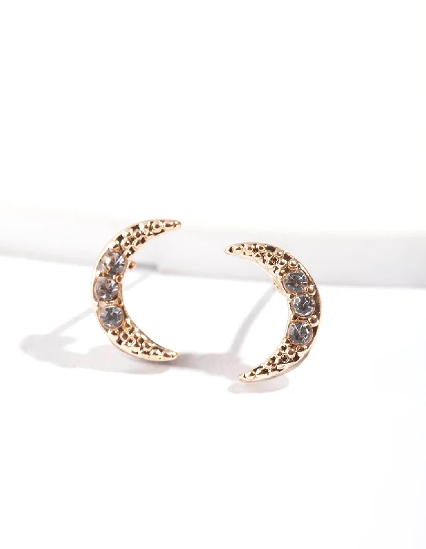 Twine bead earrings-Gold Pave Diamante Crescent Moon Stud Earrings