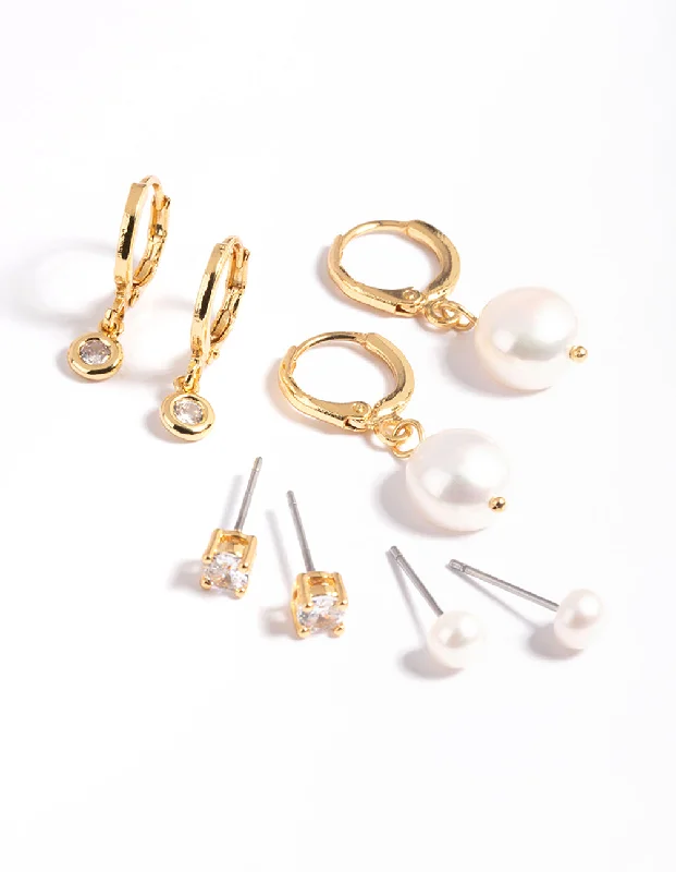 Polished bead earrings-Gold Plated Freshwater Pearl Cubic Zirconia Earring Pack