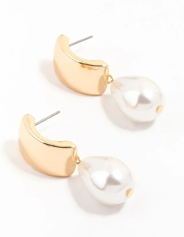 Ripple drop earrings-Gold Rectangular Tear Drop Pearl Drop Earrings