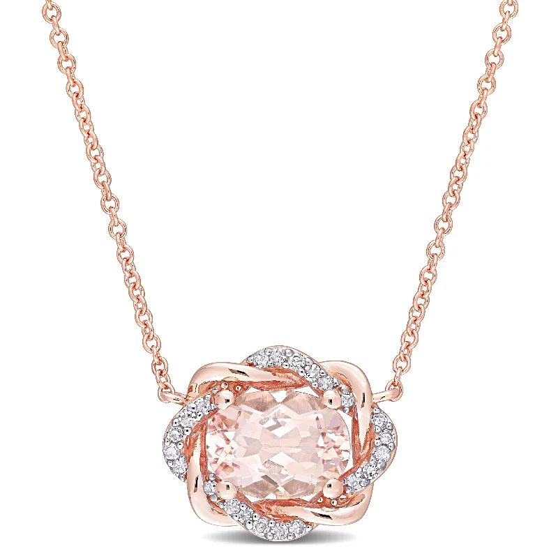 Secure clasp necklaces-Miadora 10k Rose Gold Oval-cut Morganite & 1/10ct TDW Diamond Floral Halo Station Necklace