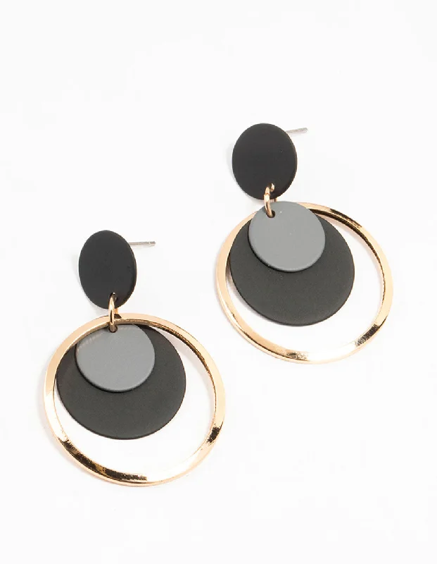 Playful pair earrings-Black Coated Layered Disc Drop Earrings