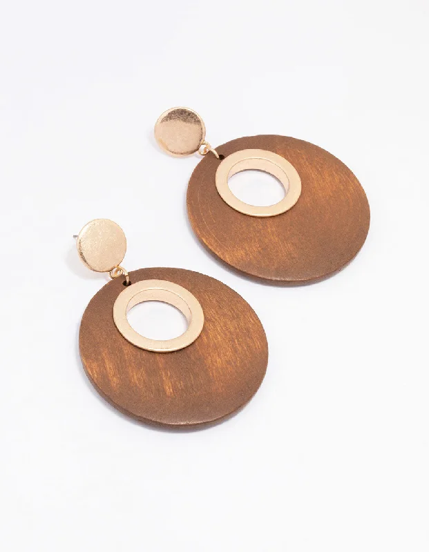 Patina brass earrings-Gold Round Wooden Disc Drop Earrings