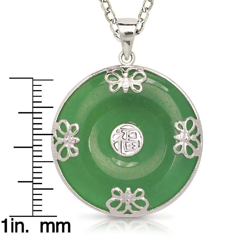 Stellar star necklaces-Curata 925 Sterling Silver 18" Green Jade Round Asian Script Ornate Butterfly Disc Necklace (25mm x 32mm)