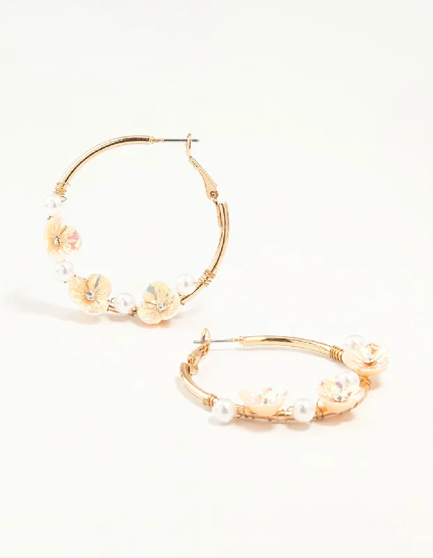 Nomad feather earrings-Gold Pearl & Flower Hoop Earrings