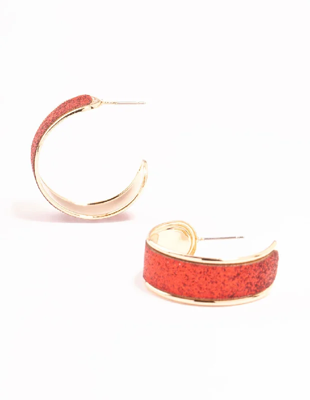 Solid ring earrings-Gold Wide Red Glitter Hoop Earrings