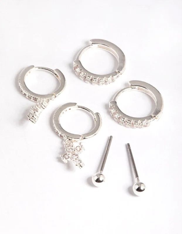 Vintage flair earrings-Silver Plated Brass  Cubic Zirconia Pave Cross Earrings 6-Pack