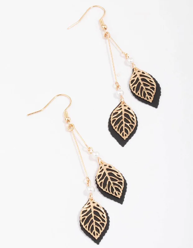 Onyx gem earrings-Gold & Black Filigree Diamante Leaf Drop Earrings