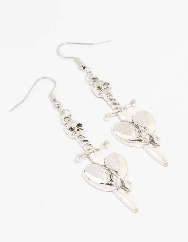 Subtle dangle earrings-Silver Dagger Heart Drop Earrings