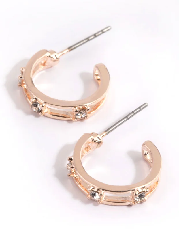 Leaf motif earrings-Rose Gold Diamante Huggie Hoop Earrings