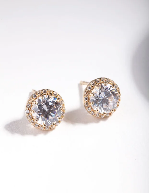 Wide statement earrings-Gold Plated Sterling Silver 5mm Cubic Zirconia Halo Stud Earrings