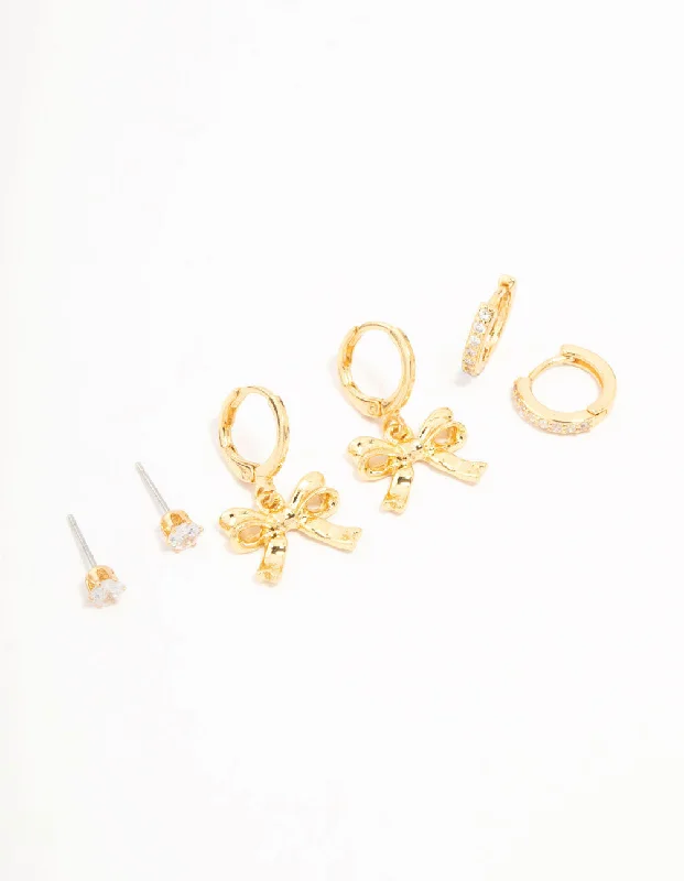 Fox wing earrings-Gold Plated Brass Bow Drop & Cubic Zirconia Huggie & Stud Earrings 3-Pack