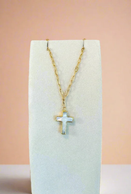 Multi-layer necklaces-Mother of Pearl Cross Necklace - Ready to Ship 18"