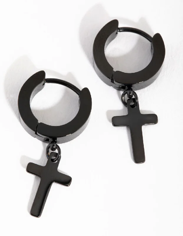 Fox wing earrings-Black Coated Metal Surgical Steel Cross Huggie Earrings