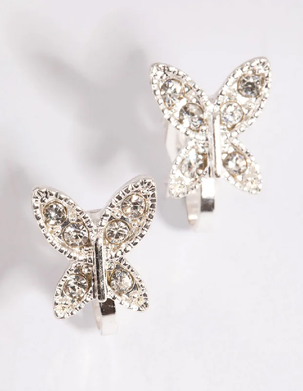 Thin pearl earrings-Silver Diamante Butterfly Clip On Earrings